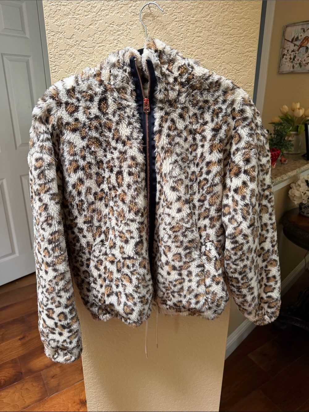 Lucky Brand Leopard Print Faux Fur Hooded Zip Jacket - Cream and Brown